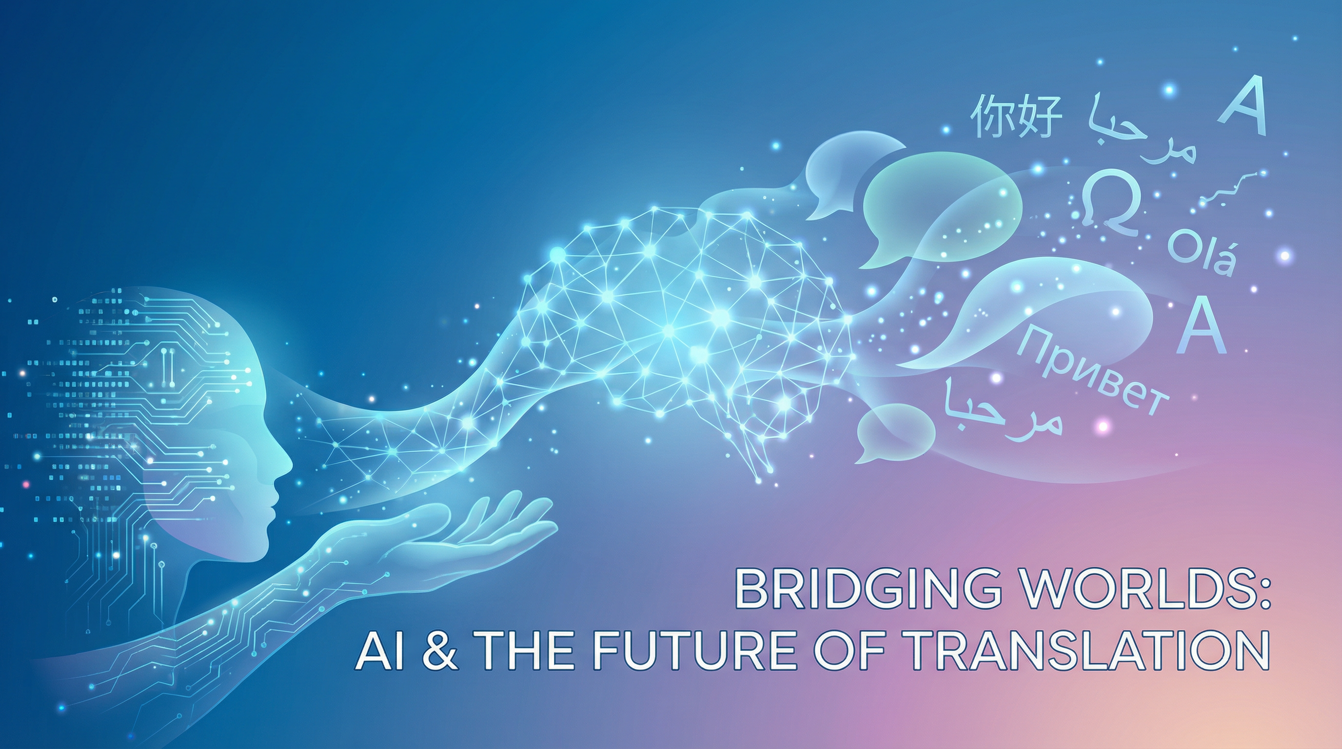The Future of Translation in the AI Era - Abstract visualization of neural networks connecting languages across the globe