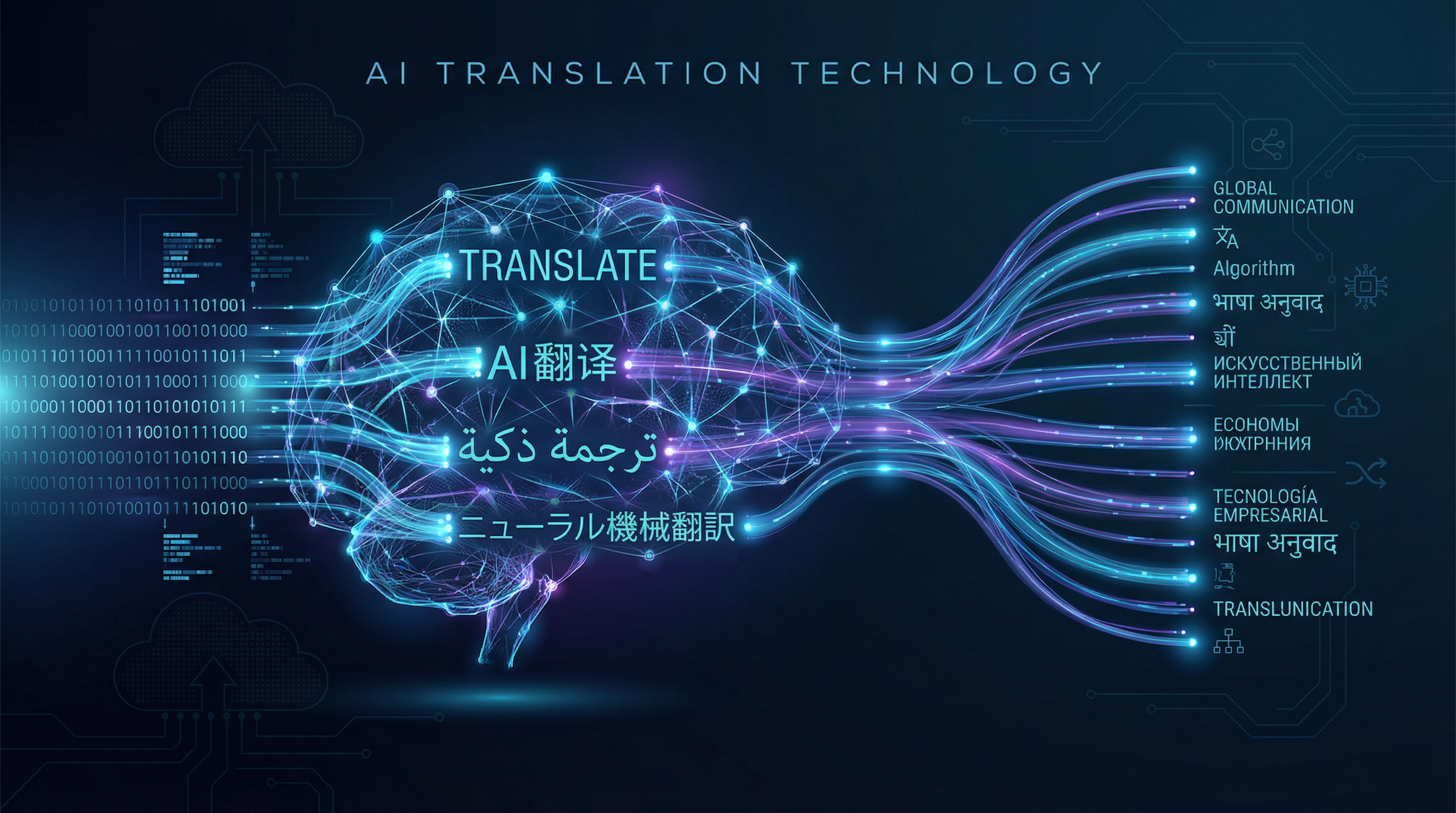AI Translation Technology: Neural networks, transformer architecture, and machine translation systems visualized