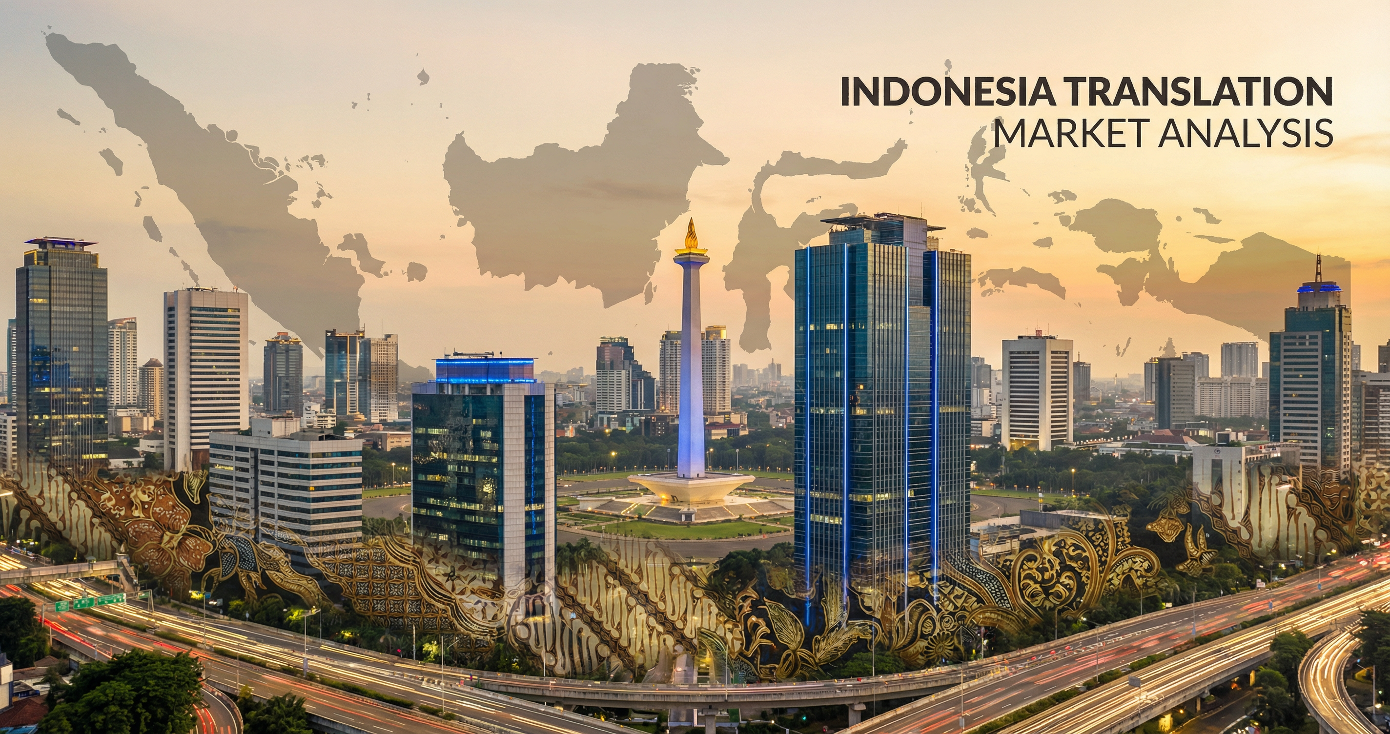 Indonesia translation market analysis - Jakarta skyline representing the IDR 2-4 trillion language services market with 700+ languages