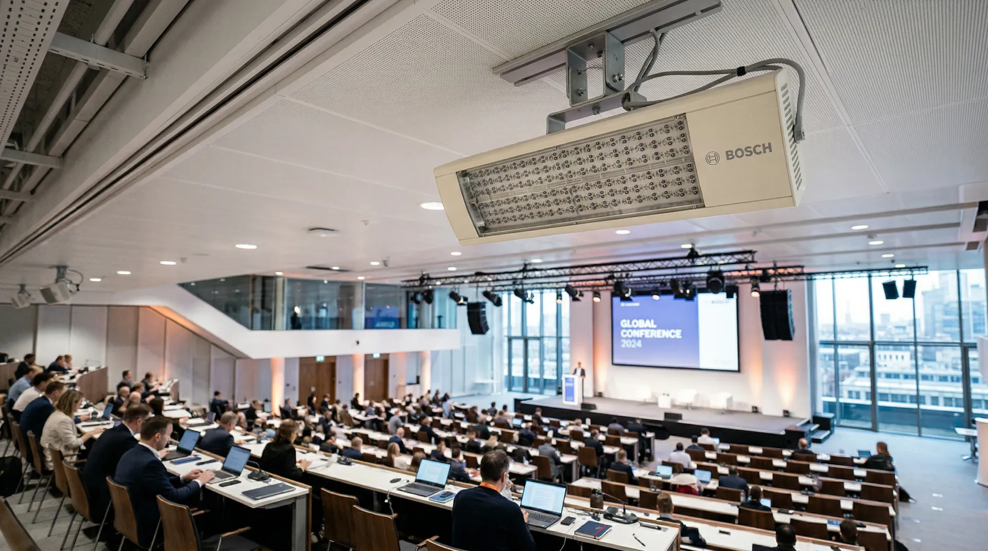Bosch Integrus infrared radiator mounted in conference hall