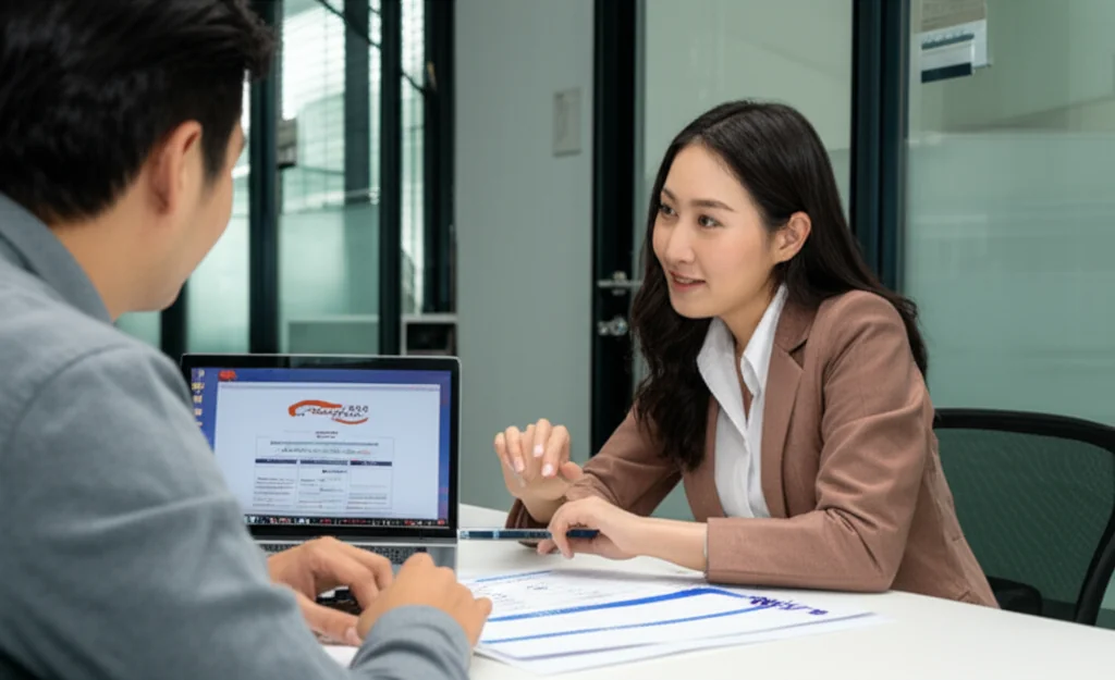 Client consultation for translation services in modern office setting