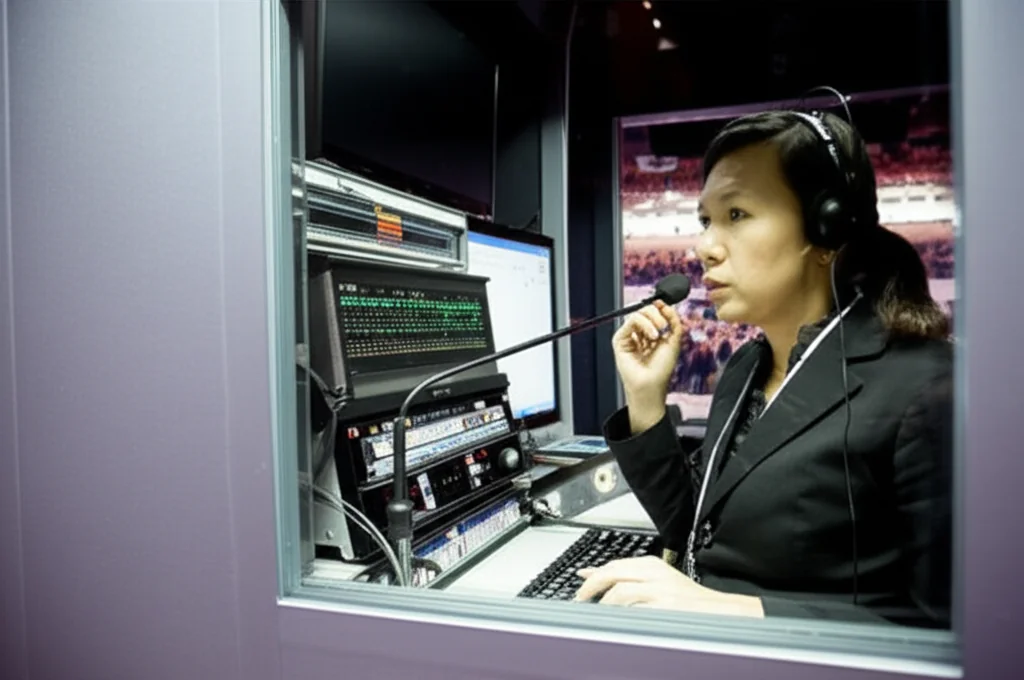 Professional simultaneous interpreter in booth at international conference