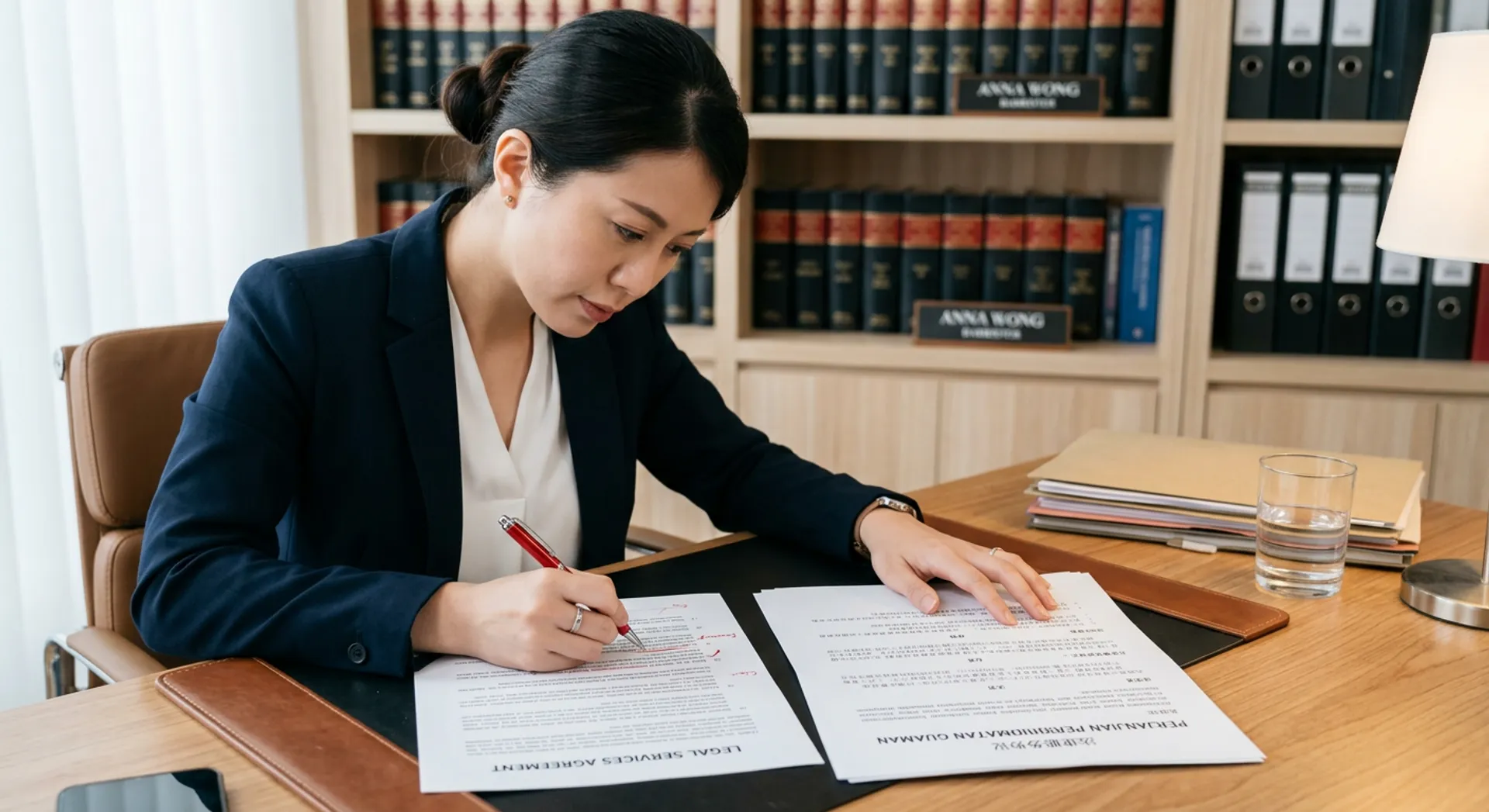 Legal professional reviewing translated contracts and court documents with precision