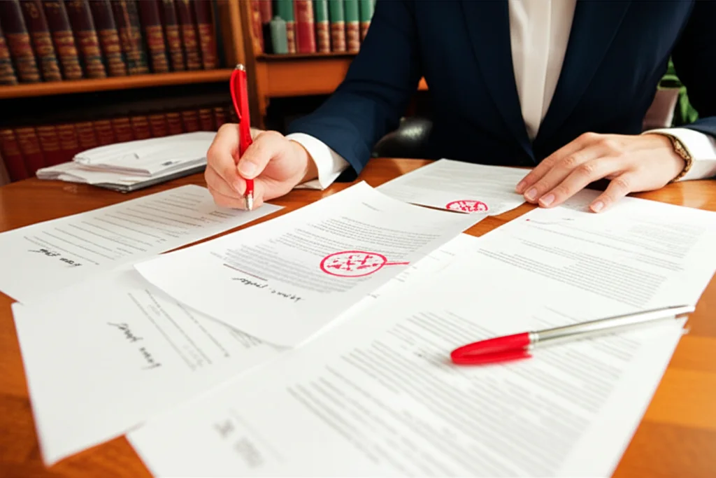 Legal professional reviewing translated contracts and agreements