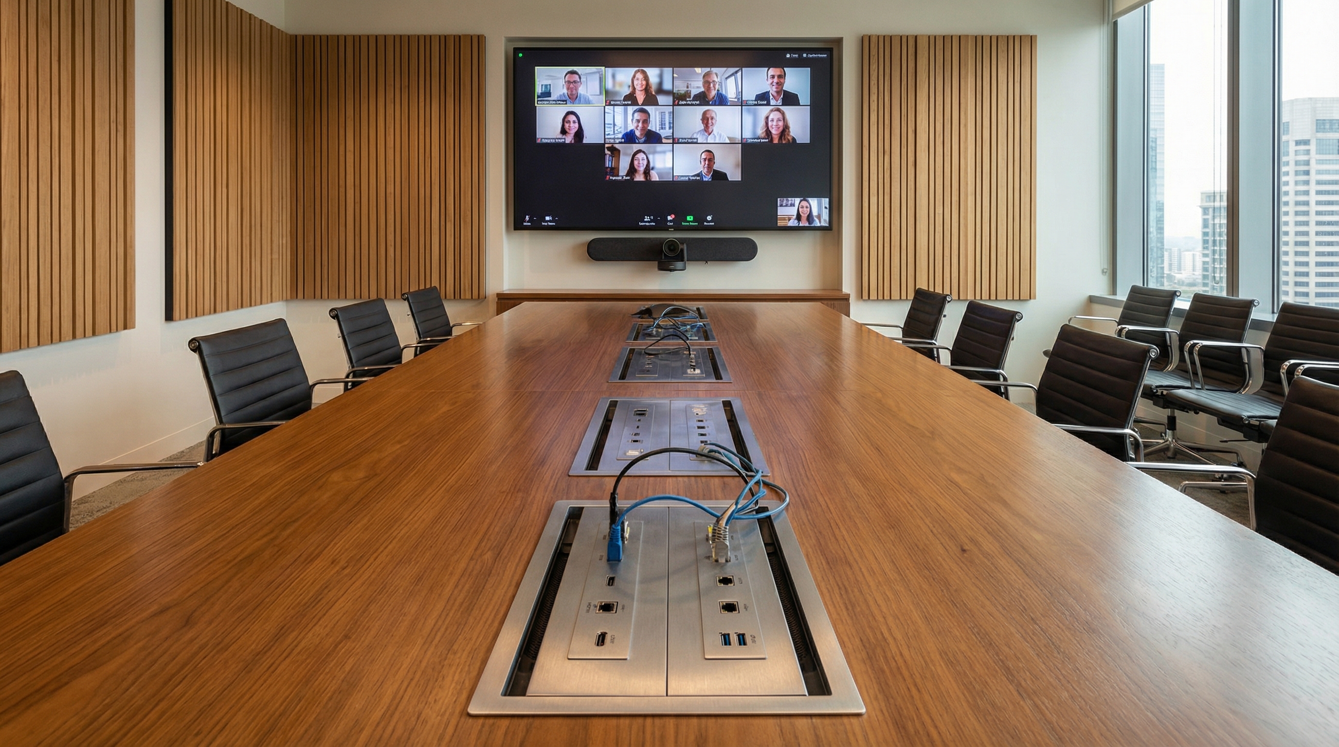 Meeting room network setup with HDMI and Ethernet connectivity