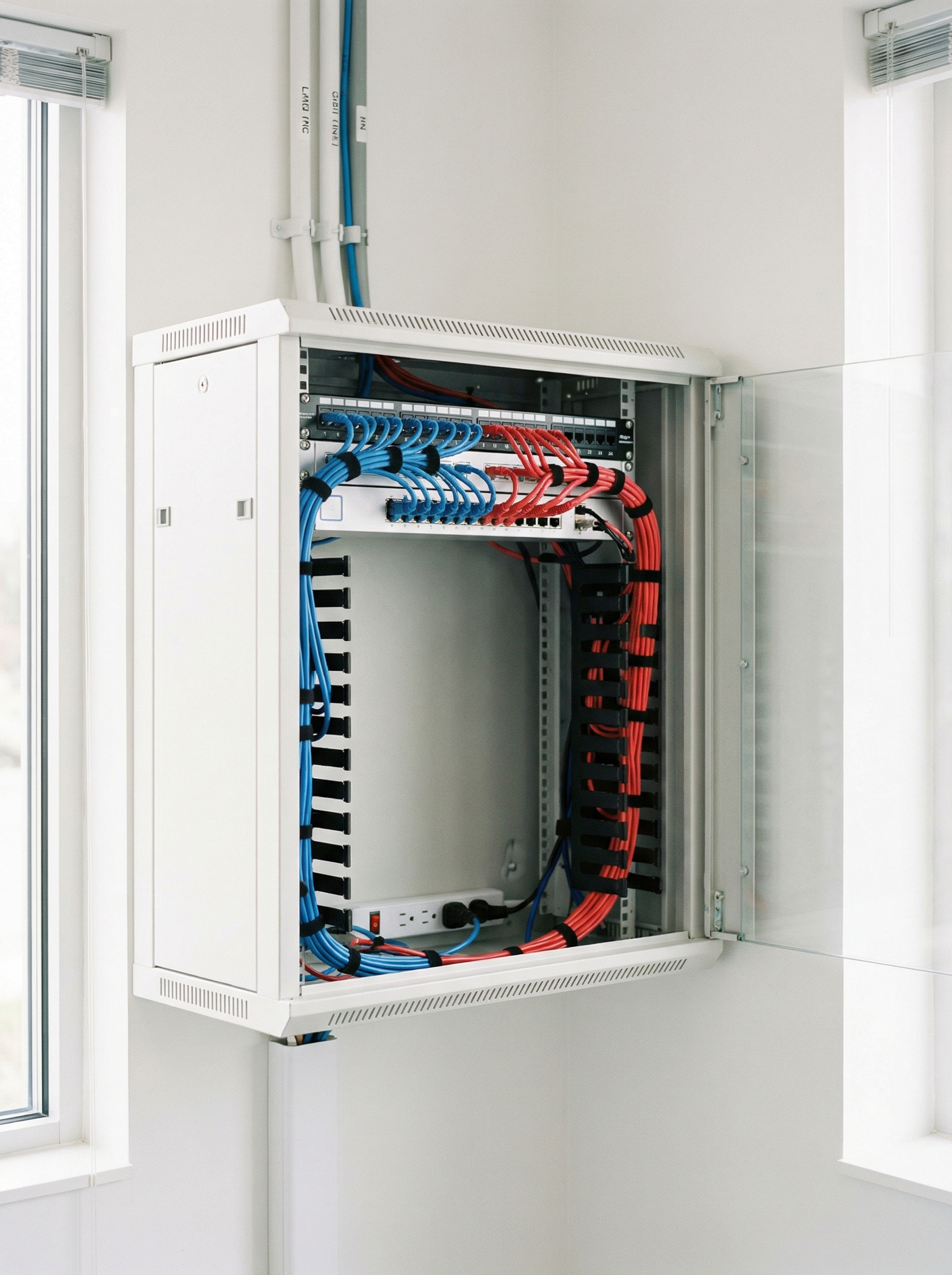 Wall-mounted network cabinet with organized equipment