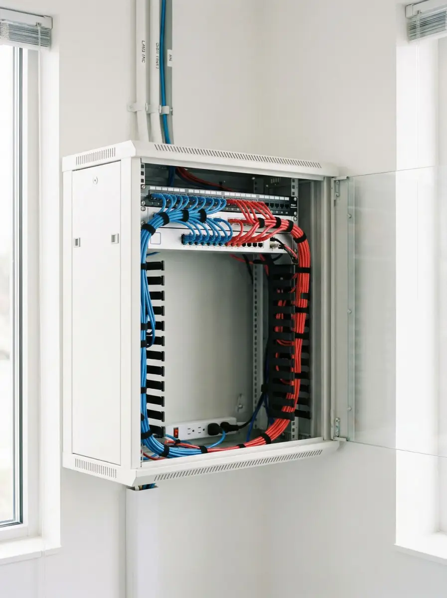 Illustrative wall-mounted network cabinet with patching and switching