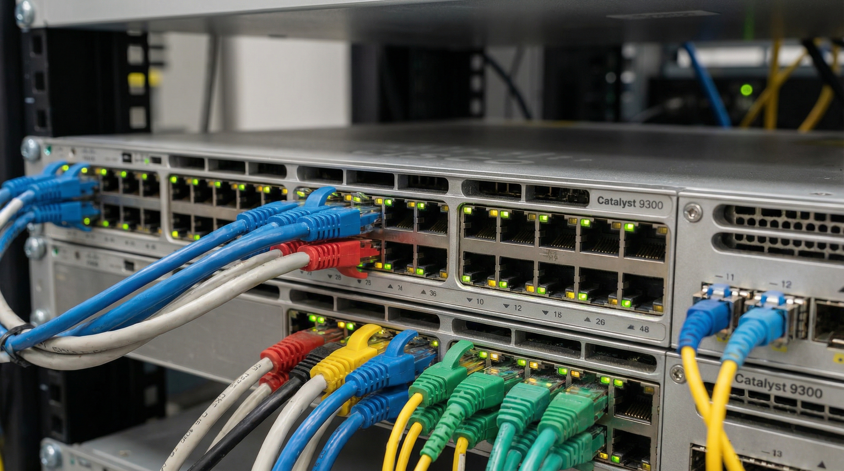 Network switch ports with Ethernet cables connected