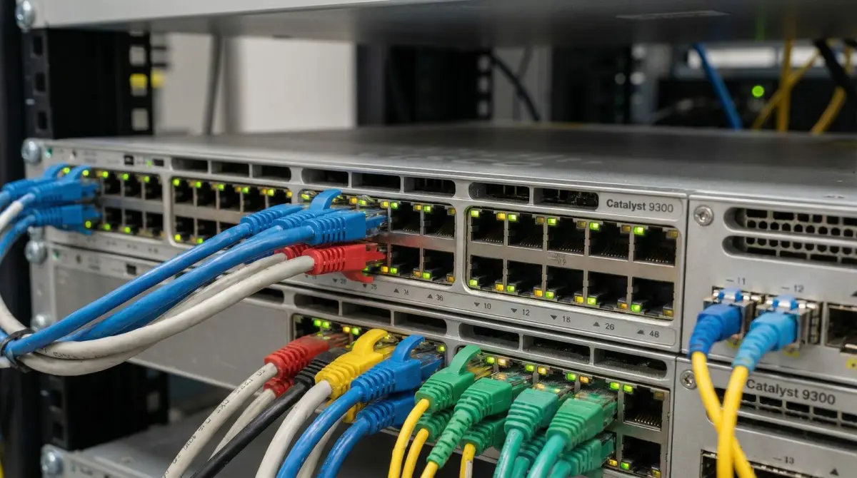 Illustrative labelled network switch ports supporting several business network segments