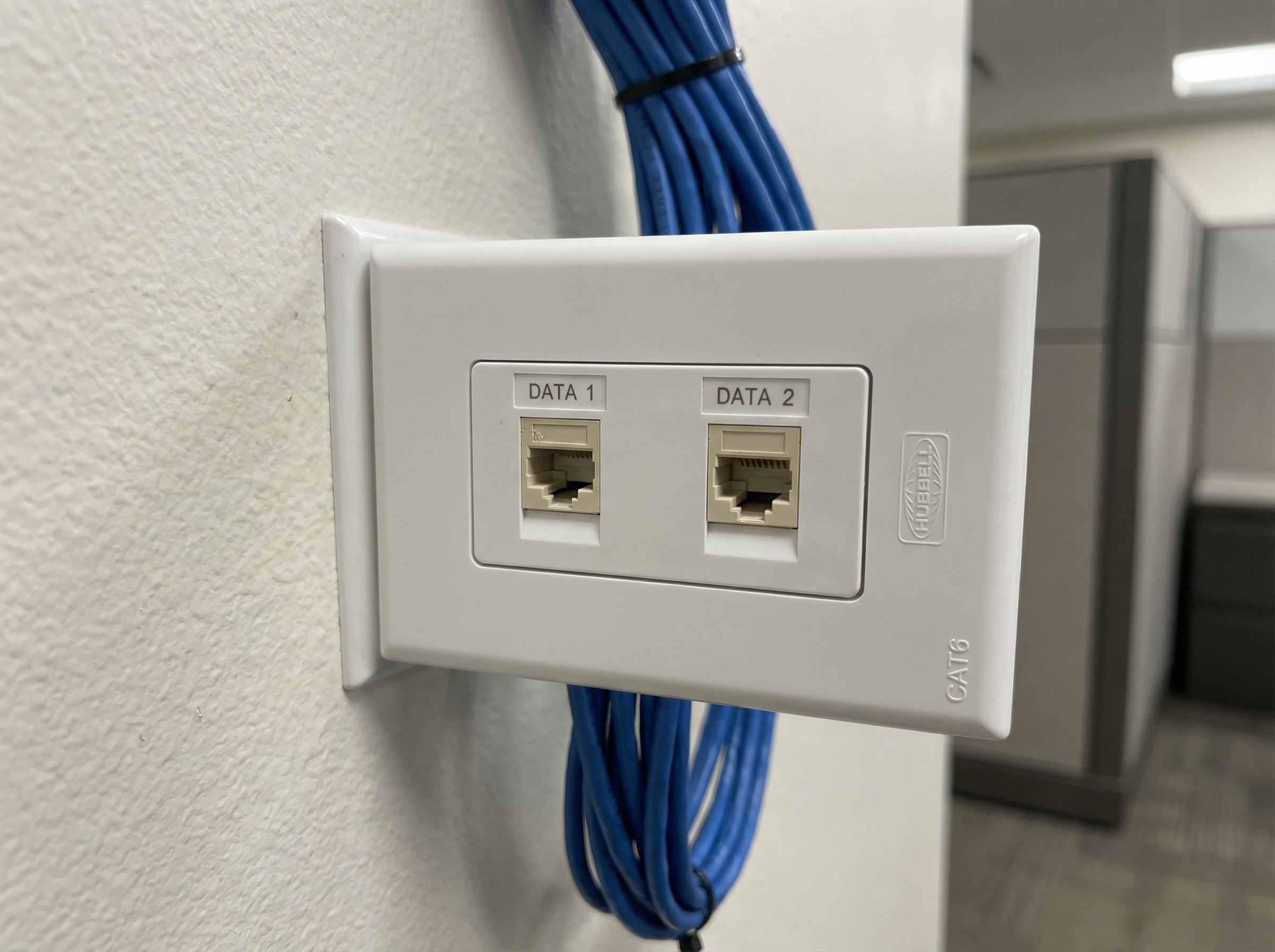 Network wall faceplate with dual Ethernet ports installed