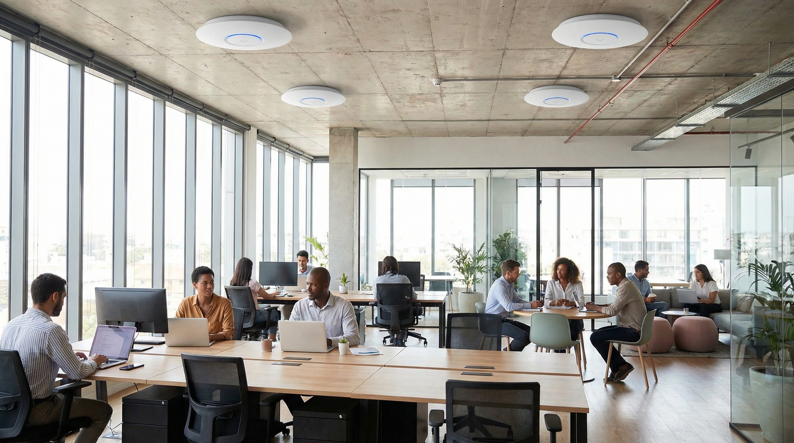 Modern office with WiFi coverage and ceiling access points