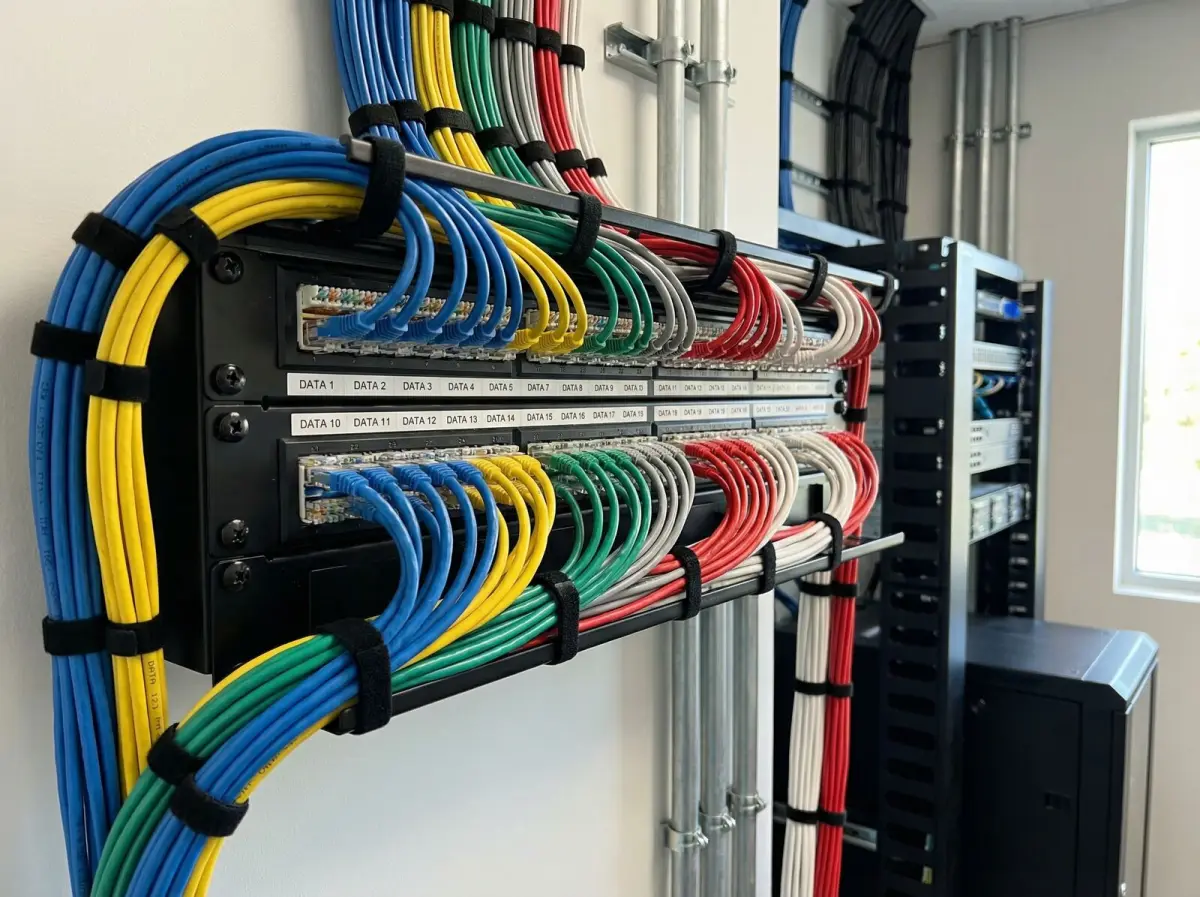 Illustrative labelled Ethernet patch-panel termination in a network rack