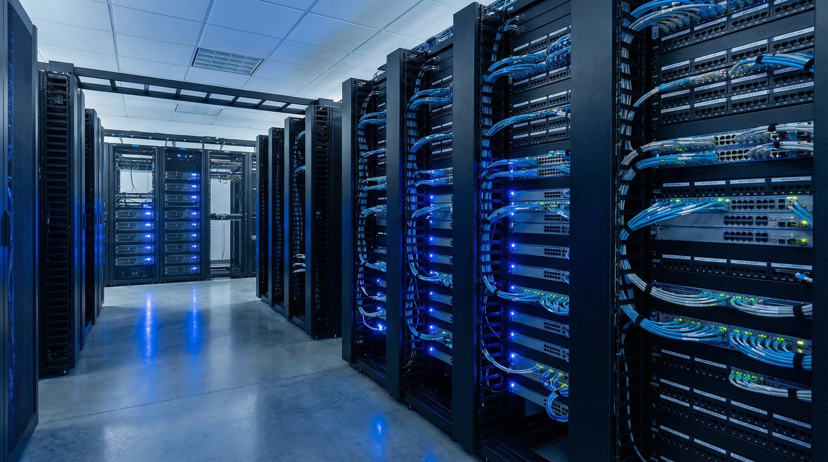 Server room rack installation with patch panels and switches