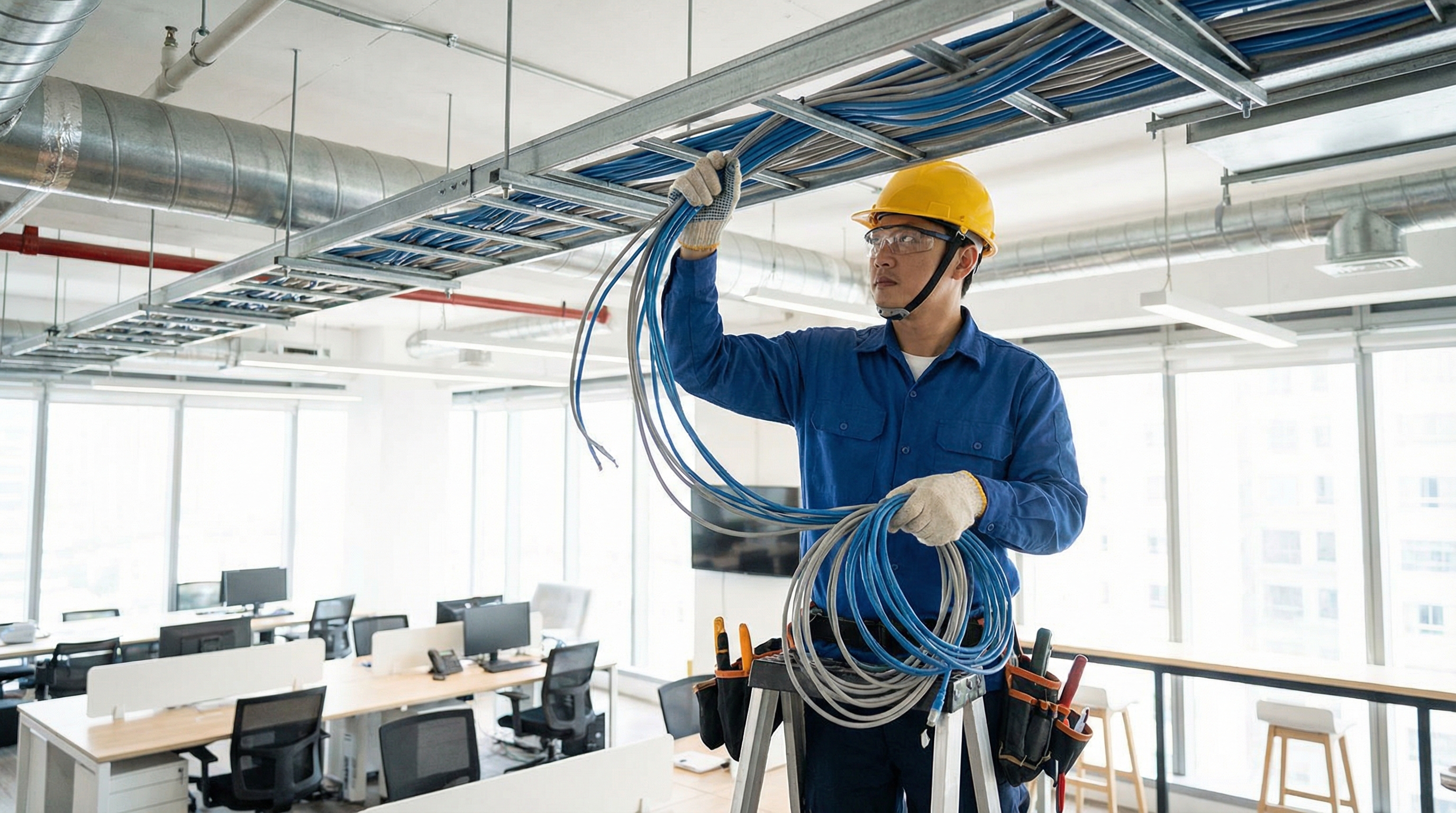 Network technician installing cables in office ceiling Malaysia