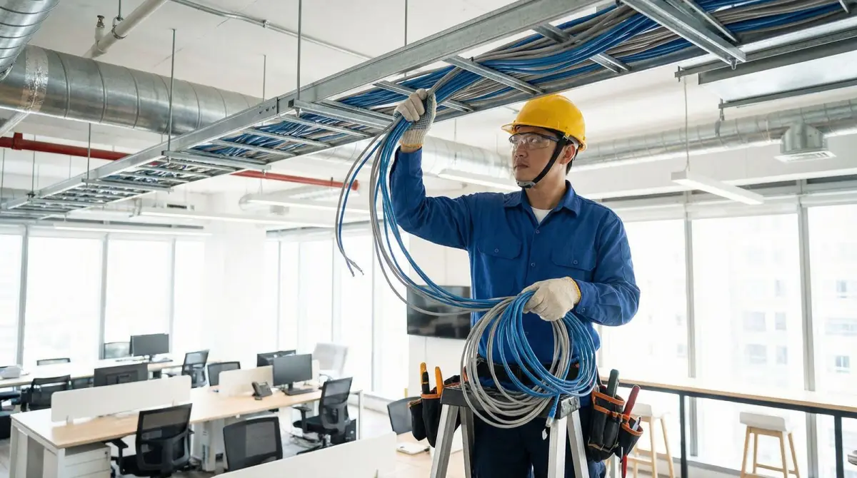 Illustrative technician installing structured network cabling used to support factory and warehouse WiFi